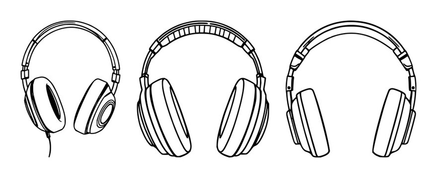 Headphones set with minimalist black line art on white backdrop featuring audio, electronics, music with headphones and earbuds