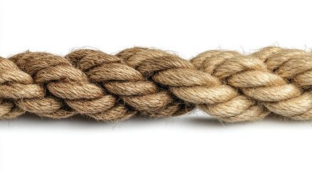 Fototapeta premium Thick, braided natural fiber rope, tightly twisted, on a plain white background