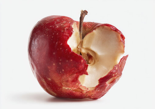 A partially eaten red apple with a crisp white background and shadow
