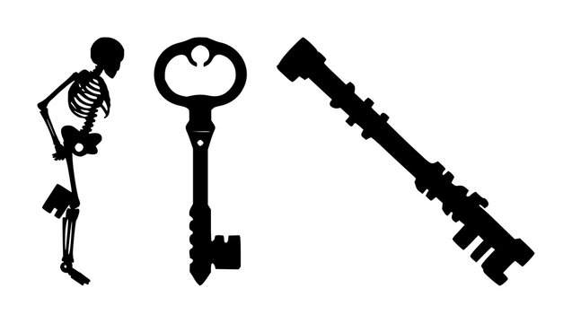 Skeleton key set with black silhouette on white background featuring key, lock, antique, silhouette, iron with craftsmanship and design