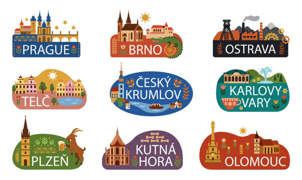Czech cities folk sticker set. Flat travel landmark vector collection