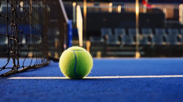 Tennis Ball Closeup. Quiet Indoor Tennis Court With Ball And Ambient Warm Lighting Preparing For Serve