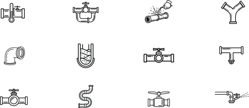 Industrial pipe fittings and valves black and white icons
