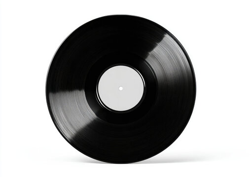 Black vinyl record with blank white label, casting a subtle shadow
