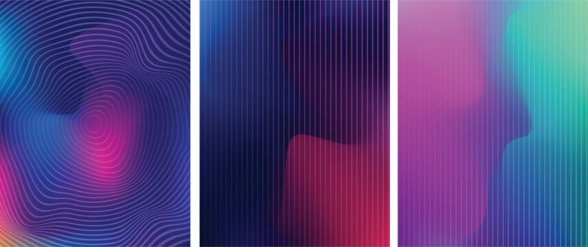 A triptych of abstract digital art featuring vibrant gradients of purple blue and neon pink hues
