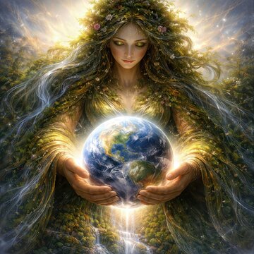 A mythical Gaia figure with hair of cascading leaves, gracefully holding the Earth as the rivers transform into waterfalls onto her lap 