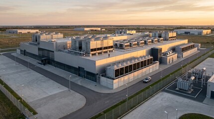 Fototapeta premium Sprawling exterior of a hyperscale data center facility emphasizing massive cooling infrastructure.