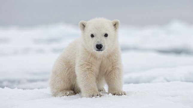 Portrait of a Fluffy Polar Bear Cub Sitting on Arctic Snow and Ice