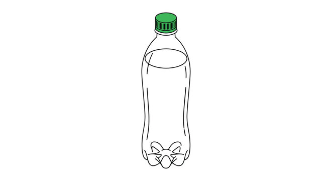 Simple line art drawing of a plastic water bottle with a green screw cap isolated on a white background for recycling themes.