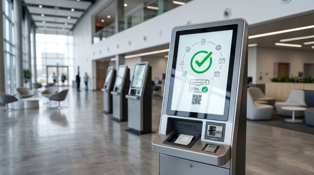 Completed registration display on a self-service kiosk screen in a modern convention hall lobby.