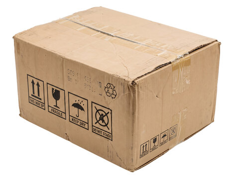 Cardboard shipping box with handling symbols isolated on white background packaging and delivery concept