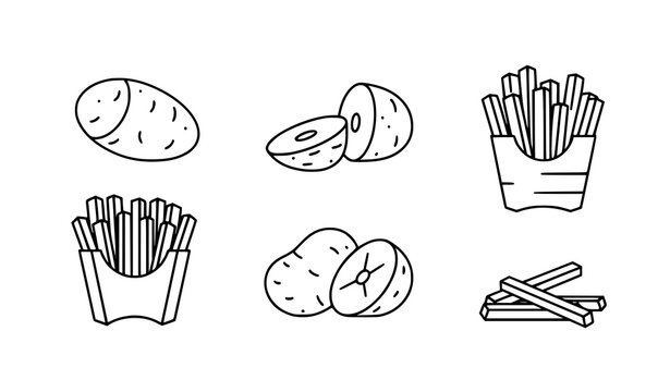 Modern potatoes and french fries line art vector icon design on white