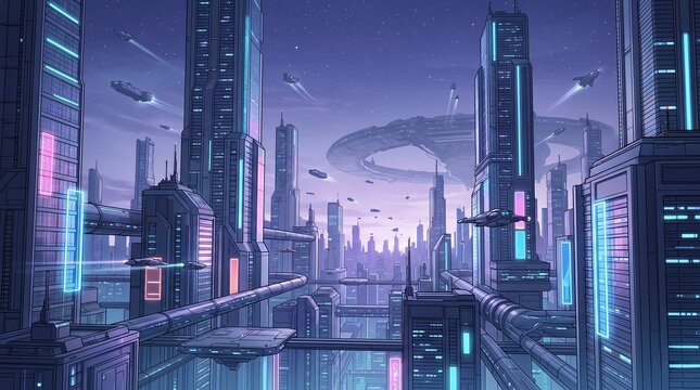 A Sprawling Futuristic Mega-City and Atmospheric Flyers