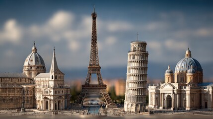 Fototapeta premium Famous landmarks against transparent
