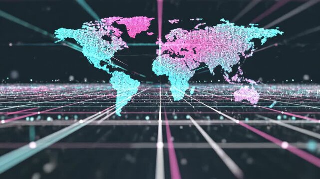 Futuristic Digital World Map with Data Streams and Connectivity.