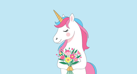 Obraz premium Adorable white unicorn with a pink and blue mane holds a beautiful bouquet of colorful spring flowers in a sweet and charming illustration.