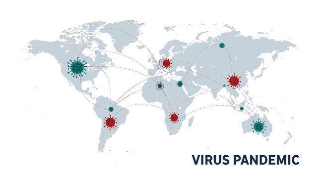 World map highlights global virus transmission routes with red and green particles to illustrate the spread of a pandemic across continents.