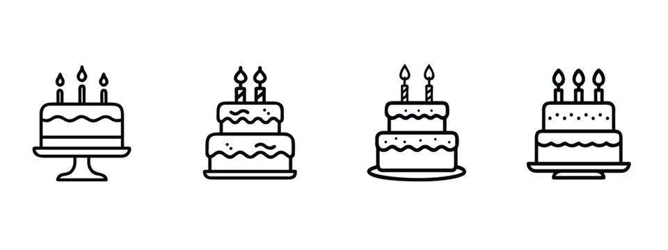 Birthday cake line icons set celebration party dessert sweet cream pastry anniversary candle cake tiered wedding gateau bakery & more vector illustration with editable stroke.