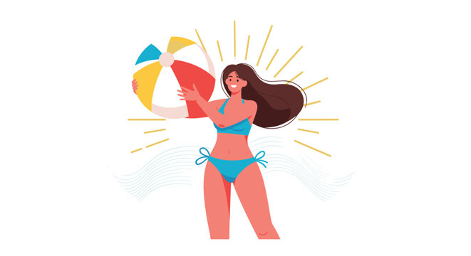 Cheerful woman in a blue bikini holds a colorful beach ball in front of a sun symbol and stylized water waves for a fun summer concept.