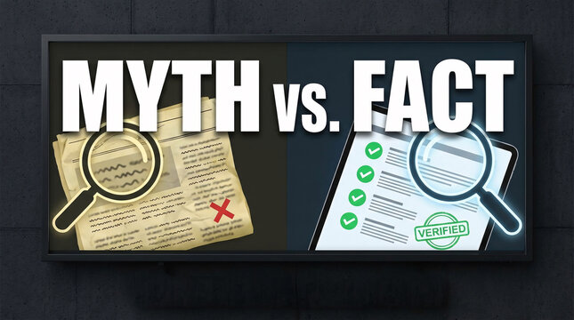 Myth vs Fact Checklist Red X Check Mark Newspaper Documents Magnifying Glass Concept