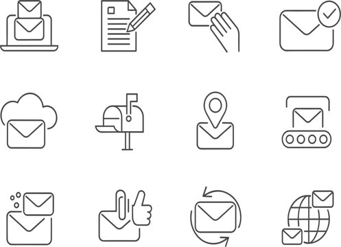 Business email communication and mail logistics line icon set, digital marketing and global message vector illustration
