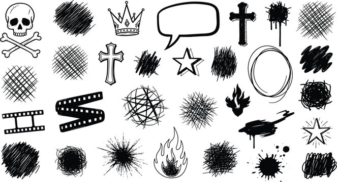 Hand drawn grunge doodle set with skull cross crown flame and ink splats for urban streetwear design edgy stickers y2k aesthetics and messy illustrations.