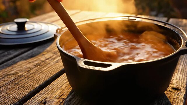 Cooking process of a wooden spoon stirring a steaming pot of soup on a rustic wooden table, with a black lid and warm sunlight illuminating the scene