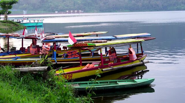 Colorful wooden tourist passenger boats with life jackets docked on the grassy bank of Selorejo Reservoir in Malang, Indonesia, waiting for visitors on a calm day.