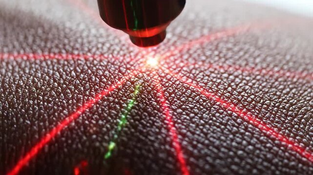 Laser device emitting red, green, and blue light beams onto textured skin surface, showcasing the intricate patterns formed by the laser interaction in a close-up view