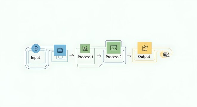 Business process flowchart with input, processing steps, and output on a white background