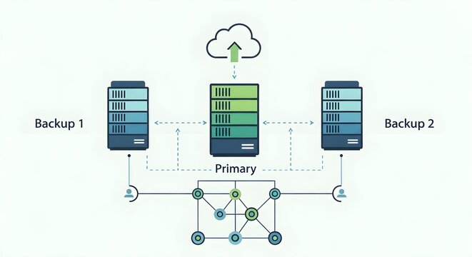 Cloud backup and recovery system diagram showing primary server, two backup servers, and data transfer to cloud storage