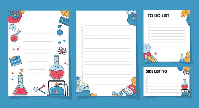 Science themed stationery set featuring pages for notes, a to do list, and side listing with colorful laboratory glassware illustrations.