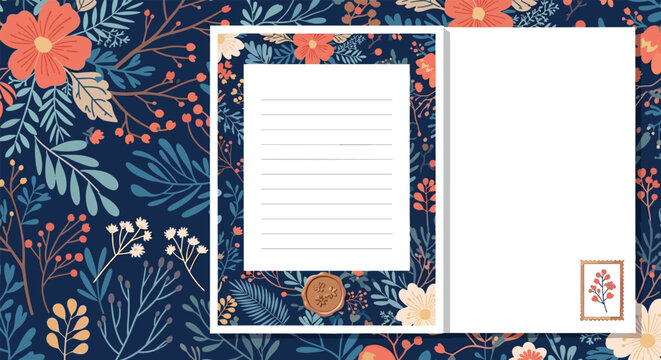 Elegant blank greeting card and envelope set with a dark navy floral background featuring oranges flowers and foliage.