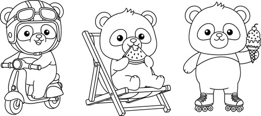 Set of cute panda character coloring book pages with panda riding scooter eating watermelon and roller skating isolated vector illustration © Vector Design Hub