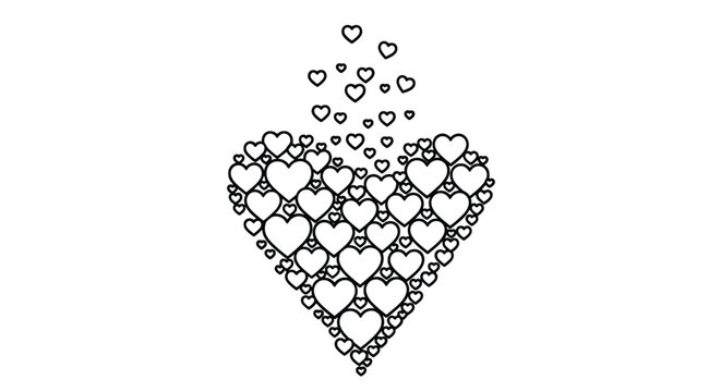 Large heart shape meticulously composed of dozens of smaller heart outlines with several hearts floating upward from the center top.