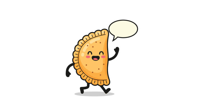Adorable cartoon empanada character with a happy face waving its hand with a blank speech bubble on a white background.
