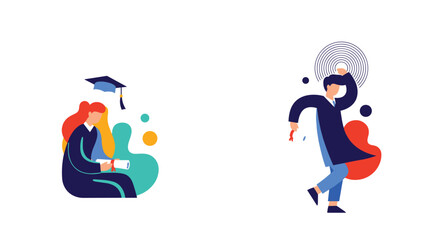Fototapeta premium Minimalist flat illustration depicts two happy graduates in academic gowns celebrating their success with diplomas.
