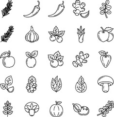 Fototapeta premium Seamless Pattern of Various Fresh Herbs Fruits Vegetables and Spices Icons in Outline Style Isolated on White Background