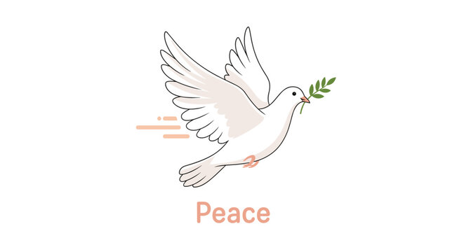 Symbolic illustration of a white dove of peace flying with a green olive branch in its beak and the word peace.
