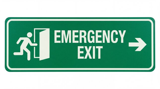 A green emergency exit sign with a white arrow and icon on a plain background