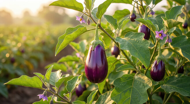 Fresh purple eggplant growing on a green plant in a sunny farm field during the morning light