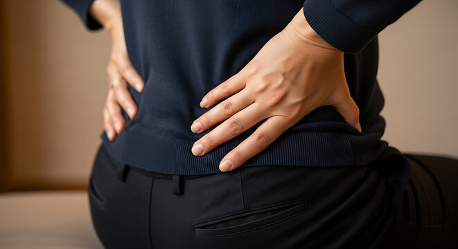 Close-up of a person experiencing lower back pain, holding their aching back.