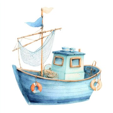 Watercolor illustration of a whimsical fishing boat with blue and orange accents