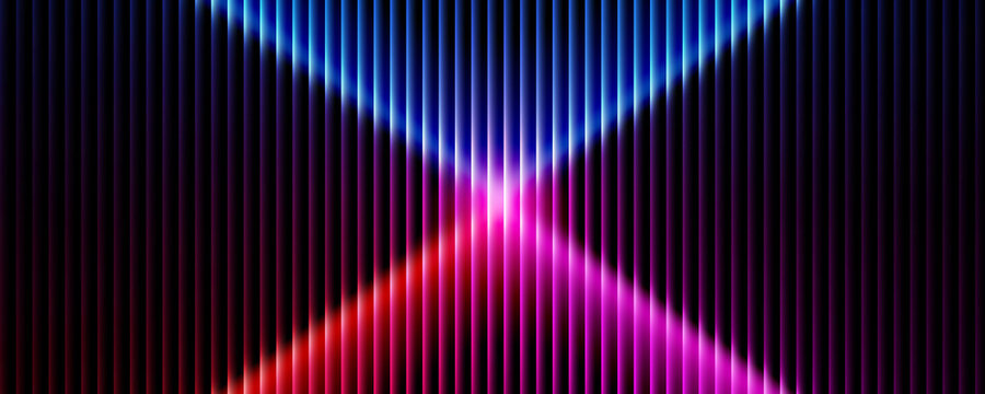 Vertical parallel lines with intersecting blue and magenta light beams on a dark black background