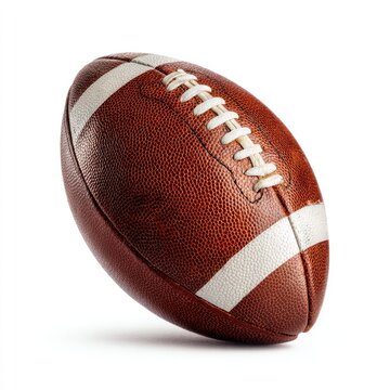 A brown, prolate spheroid sports ball with white stripes and laces