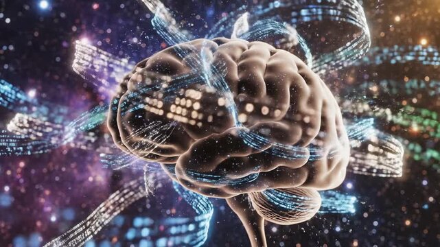 3D brain model surrounded by swirling data streams in a cosmic background, illustrating the connection between thought processes and digital information flow