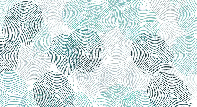 Abstract pattern of overlapping biometric fingerprint textures in shades of teal, blue, and gray on a white background.