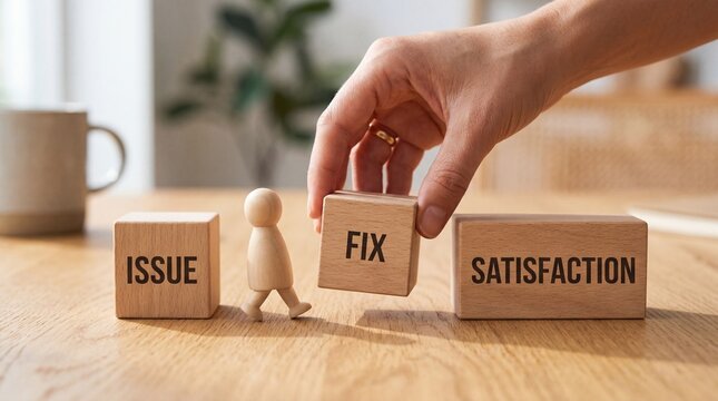 A hand placing a wooden block with the word FIX on a table with blocks labeled ISSUE and SATISFACTION