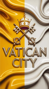 Vatican City flag inspired abstract poster with papal tiara crossed keys and golden silver marble background