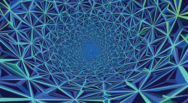 Infinite geometric tunnel made of complex blue triangular structures leading into a deep perspective focal point.